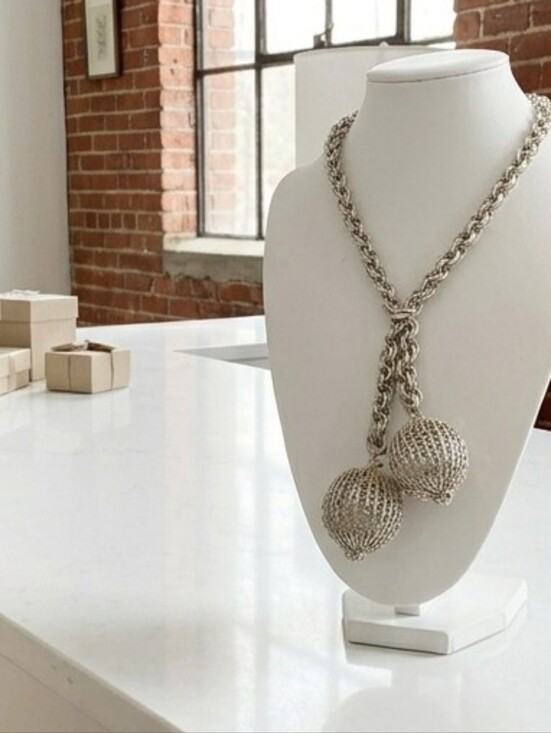 Jewelry - Silver Rope Chain Necklace with Knotted Sphere Pendants - Women Jewelry
